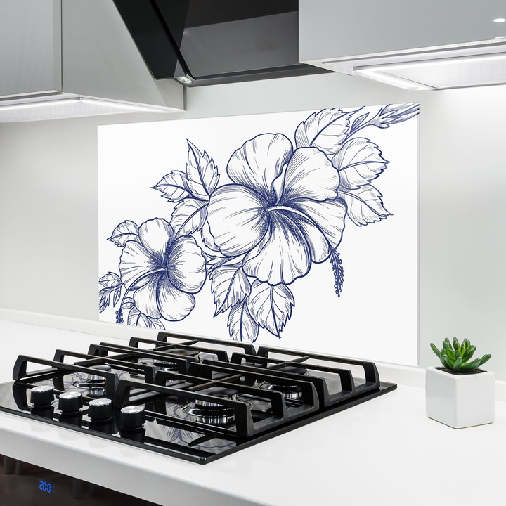 ARTHUB, Konyhai üveg hátfal 80x120 cm, 4 mm edzett, Védő gáz­tűzhely, Fröccsenésgátló, Hőálló, virágok, rajzolt virágok, Dark Blue Line Flower