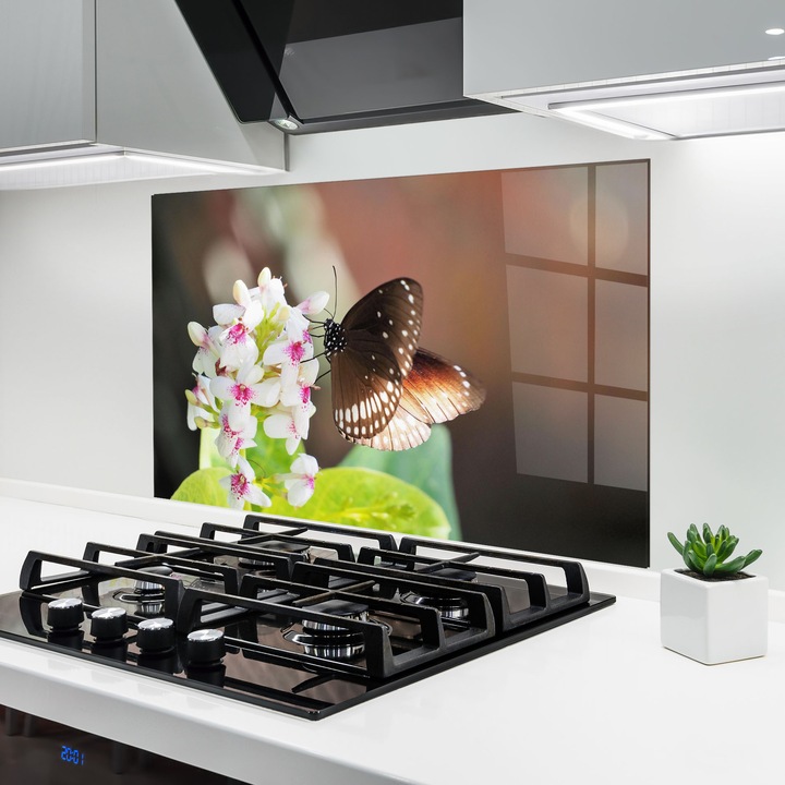 Panou Sticla Bucatarie, 70x100 cm, Protectie aragaz, Antistropi, Termorezistent, Flori, Flori In Natura, White Flower Butterfly