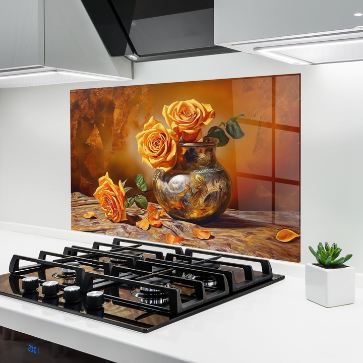 ARTHUB, Konyhai üveg hátfal 80x120 cm, 4 mm edzett, Védő gáz­tűzhely, Fröccsenésgátló, Hőálló, virágok, vázában lévő virágok, Orange Roses Vase