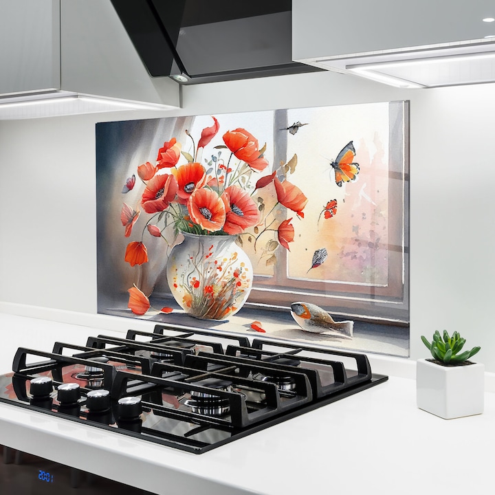 ARTHUB, Konyhai üveg hátfal 80x120 cm, 4 mm edzett, Védő gáz­tűzhely, Fröccsenésgátló, Hőálló, virágok, vázában lévő virágok, Poppies Vase