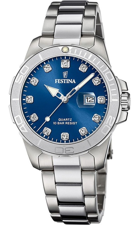 Ceas Festina Boyfriend F20503/6, Quartz, Rezistent la apa 10 ATM, Argintiu, Cadran Albastru marin