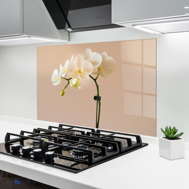 ARTHUB, Konyhai üveg hátfal 50x70 cm, 4 mm edzett, Védő gáz­tűzhely, Fröccsenésgátló, Hőálló, virágok, orchideák, Cream Orchid On Pink