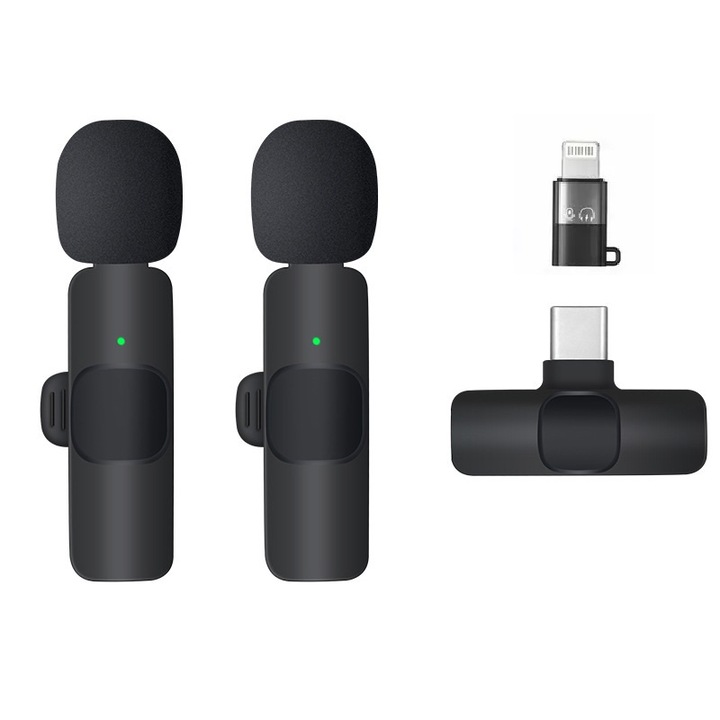 Set microfoane lavalier wireless, reducere zgomot, captare 360°, compatibil Android/iOS, negru, 20m receptie
