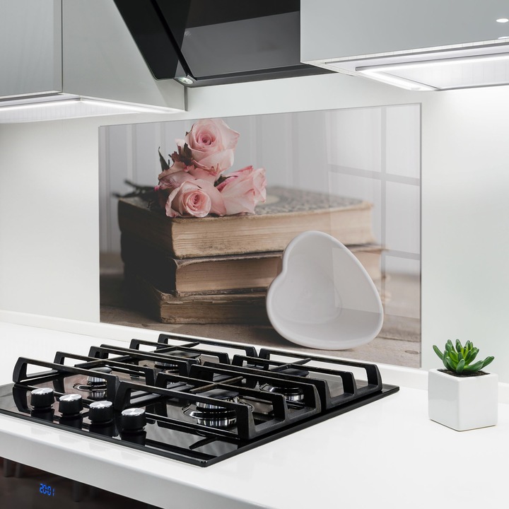 ARTHUB, Konyhai üveg hátfal 50x70 cm, 4 mm edzett, Védő gáz­tűzhely, Fröccsenésgátló, Hőálló, virágok, rózsák, Books With Roses
