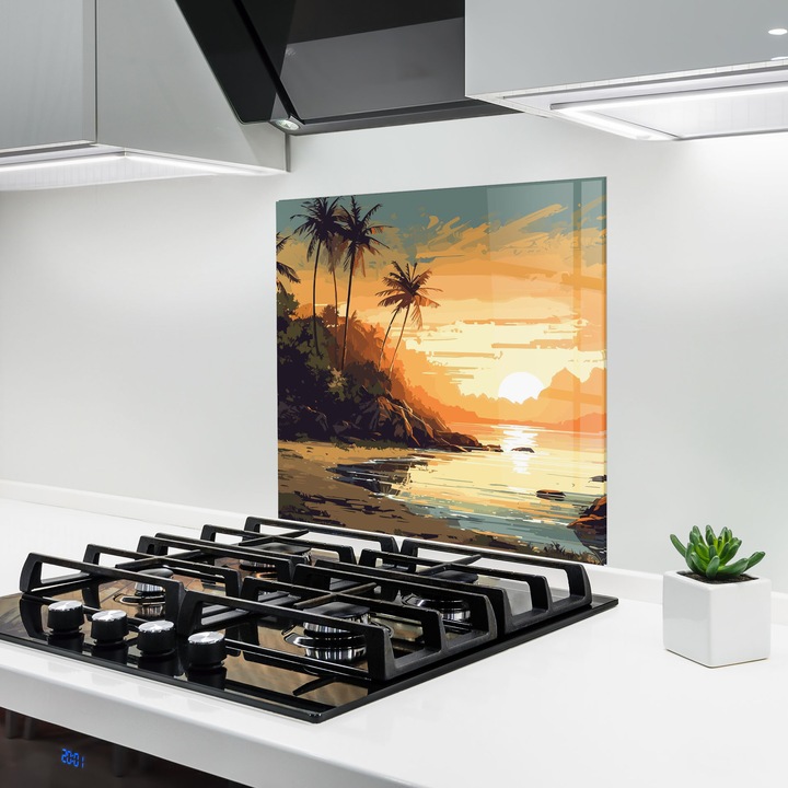 ARTHUB, Konyhai üveg hátfal 100x100 cm, 4 mm edzett, Védő gáz­tűzhely, Fröccsenésgátló, Hőálló, tájképek, naplemente, Green Yellow Sunset
