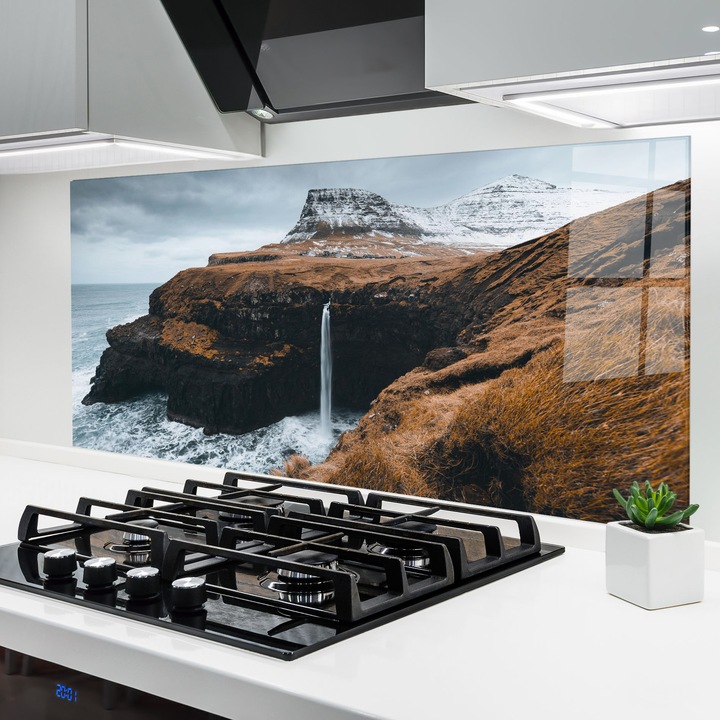 ARTHUB, Konyhai üveg hátfal 60x150 cm, 4 mm edzett, Védő gáz­tűzhely, Fröccsenésgátló, Hőálló, tájképek, vízesések, Black Houses Waterfall