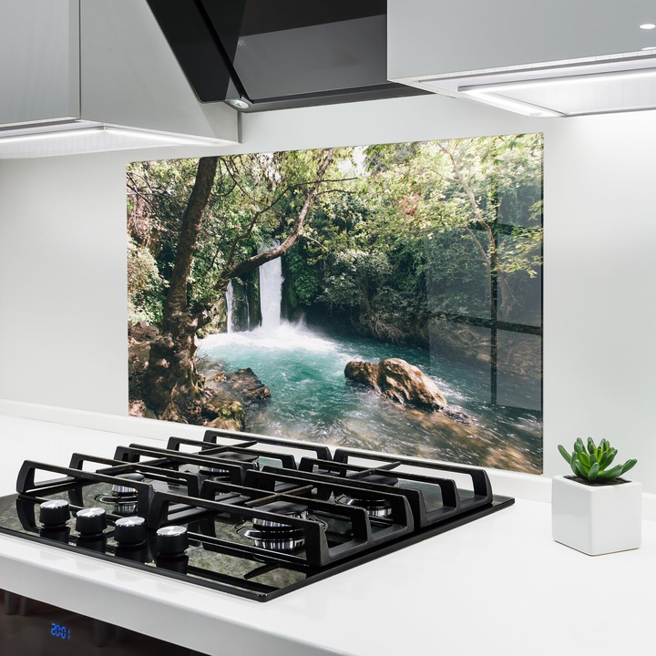 ARTHUB, Стъклен панел за кухня 60x80 cm, 5 мм закалено, Предпазител за газов котлон, Предпазител от пръски, Топлоустойчив, пейзажи, водопади, Beautiful Blue Waterfall