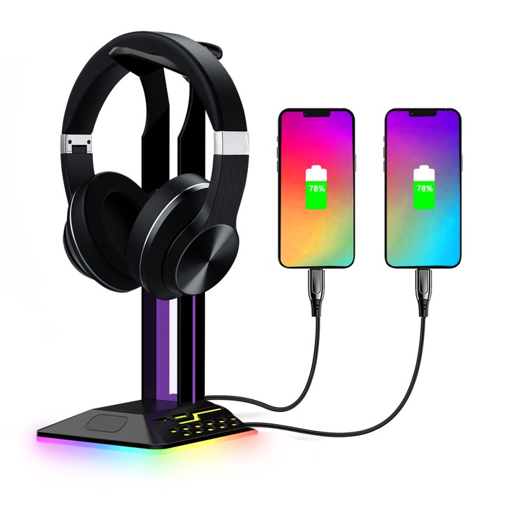 RGB fejhallgató tartó 2 USB porttal, gaming kiegészítők, fekete