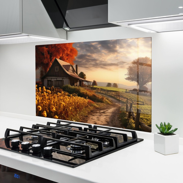 ARTHUB, Стъклен панел за кухня 70x100 cm, 5 мм закалено, Предпазител за газов котлон, Предпазител от пръски, Топлоустойчив, пейзажи, селски, Autumn Farm House