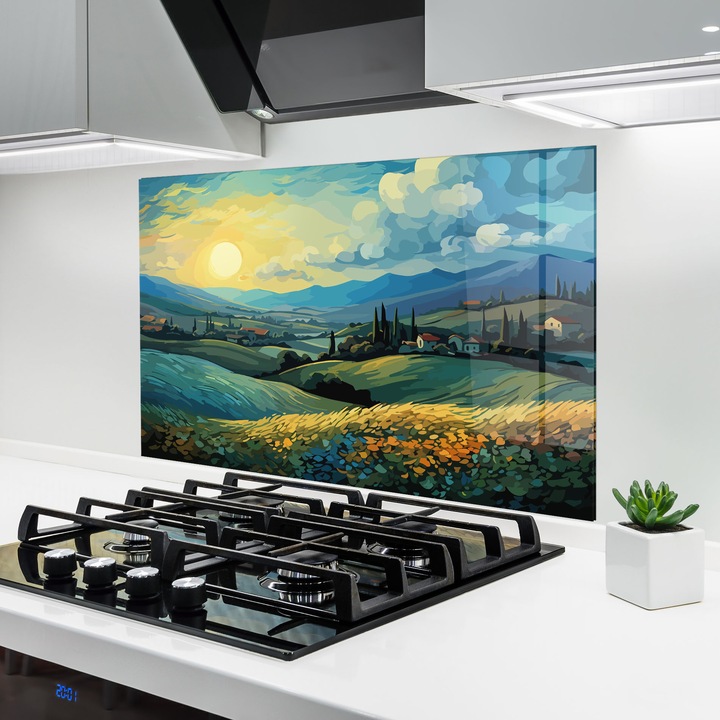 ARTHUB, Konyhai üveg hátfal 60x100 cm, 4 mm edzett, Védő gáz­tűzhely, Fröccsenésgátló, Hőálló, tájképek, vidéki, Fantasy Blue View