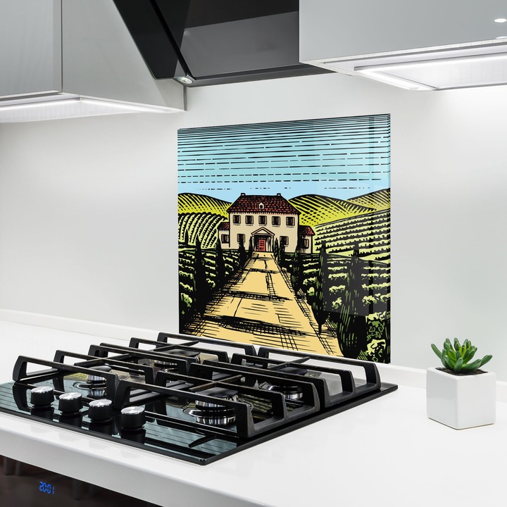 ARTHUB, Konyhai üveg hátfal 60x60 cm, 4 mm edzett, Védő gáz­tűzhely, Fröccsenésgátló, Hőálló, tájképek, vidéki, Rural School