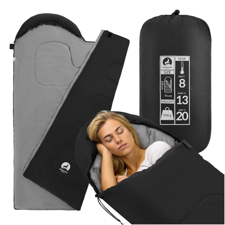 Sac de dormit tip mumie, Mountain Goat, 2 sezoane, Rezistent la frig si apa, ideal pentru camping, drumetii si calatorii, gluga cu cordon, interval larg de temperatura, greutate redusa si usor de transportat, 210 cm, Negru/Gri