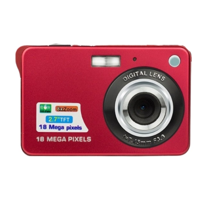 Camera foto digitala pentru copii, Ecran de 2.7 inch, Rezolutie de 18MP, Zoom de 8X, Video HD, Slot pentru card SD, Rosu
