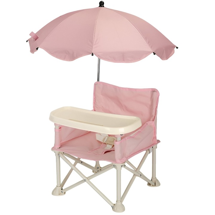 Scaun de Masa pentru Bebelusi si Copii, Flippy, Tavita si Husa Detasabile, Multifunctional, Stabil, Centura de Siguranta, Cos de Depozitare, Roz, cu Umbrela Roz, de la 6 Luni