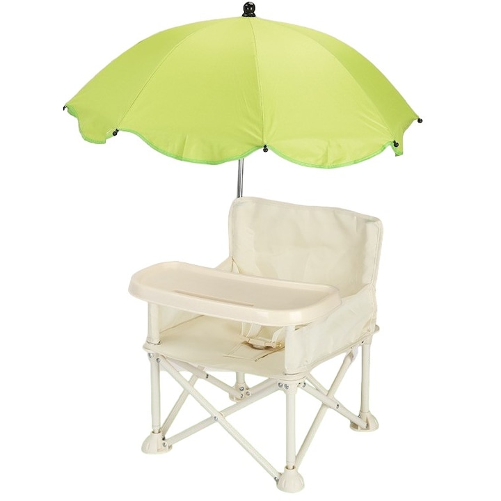 Scaun de Masa pentru Bebelusi si Copii, Flippy, Tavita si Husa Detasabile, Multifunctional, Stabil, Centura de Siguranta, Cos de Depozitare, Bej, cu Umbrela Verde, de la 6 Luni