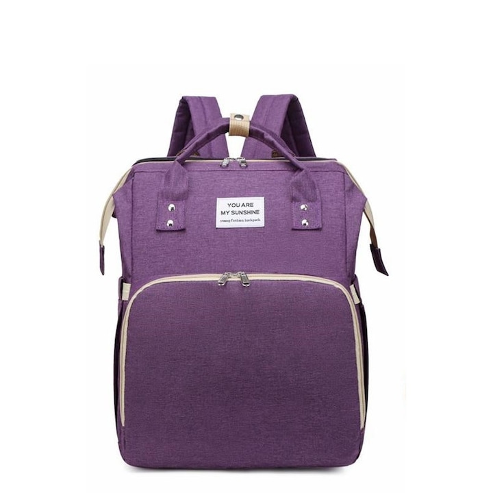 Водоустойчива раница за майка и бебе с джобове, с разтегателно легло за смяна на пелени с отделение за шишета и салфетки, лилава