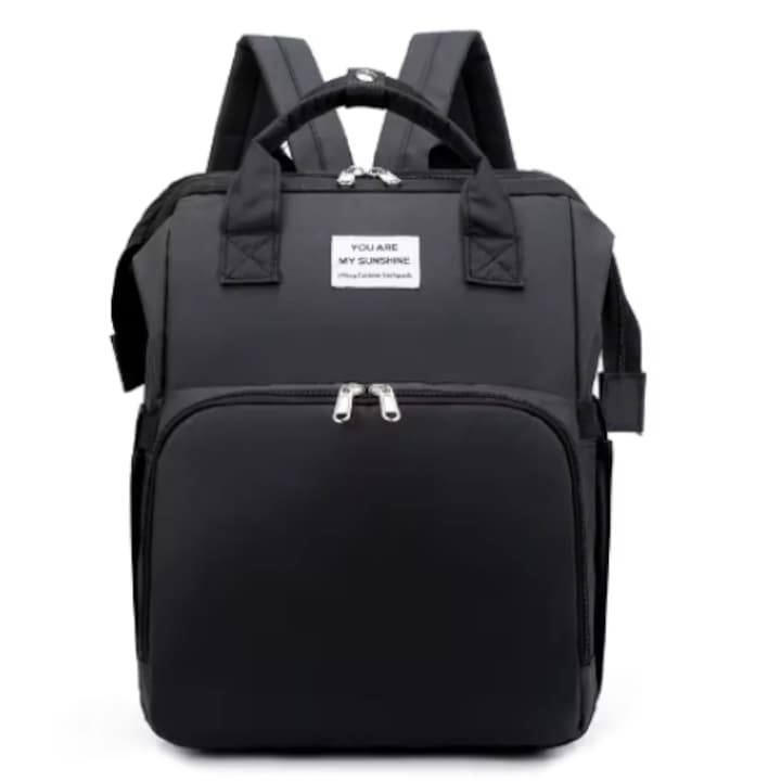 Раница за майка и бебе с джобове, с разтегателно легло за смяна на пелени с отделение за шишета и салфетки, черна