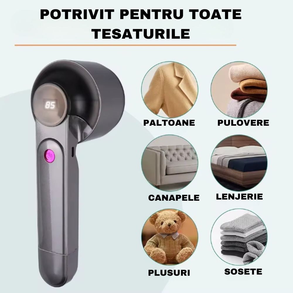Aparat de Curatat Scame RARINCARE, 6 Lame, Rola Adeziva incorporata, Putere 3 W, Afisaj LED, Gri