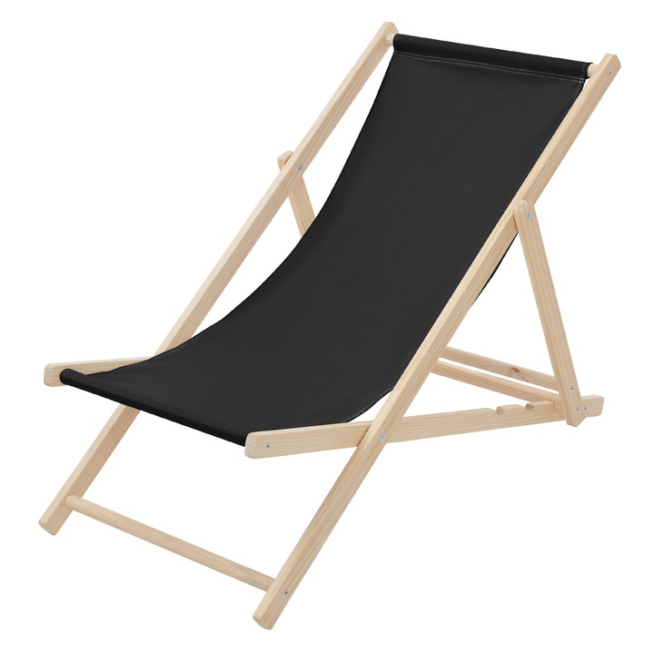 Scaun pliabil de plaja ECD Germany structura din lem si tesatura neagra, spatar reglabil in 3 pozitii, sezlong de relaxare pentru gradina, piscina, balcon sau terasa, capacitate de 120 kg
