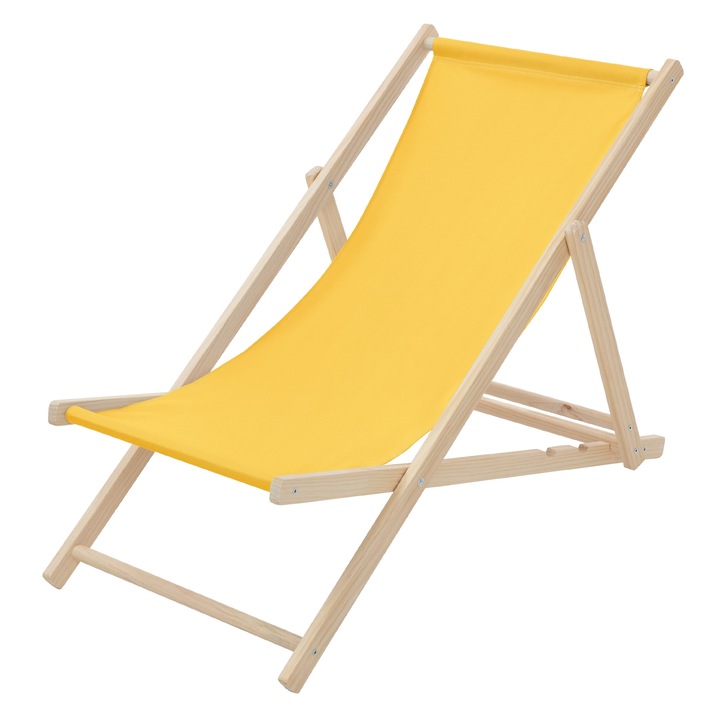 Scaun pliabil de plaja ECD Germany structura din lem si tesatura galben, spatar reglabil in 3 pozitii, sezlong de relaxare pentru gradina, piscina, balcon sau terasa, capacitate de 120 kg