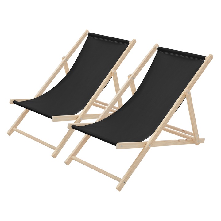 Set 2x Scaun pliabil de plaja ECD Germany structura din lem si tesatura neagra, spatar reglabil in 3 pozitii, sezlong de relaxare pentru gradina, piscina, balcon sau terasa, capacitate de 120 kg