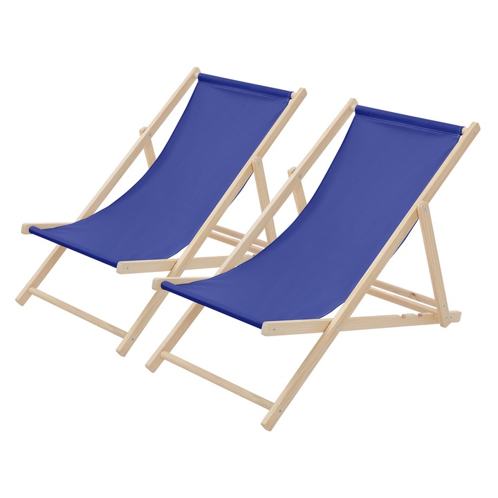 Set 2x Scaun pliabil de plaja ECD Germany structura din lem si tesatura albastru inchis, spatar reglabil in 3 pozitii, sezlong de relaxare pentru gradina, piscina, balcon sau terasa, capacitate de 120 kg