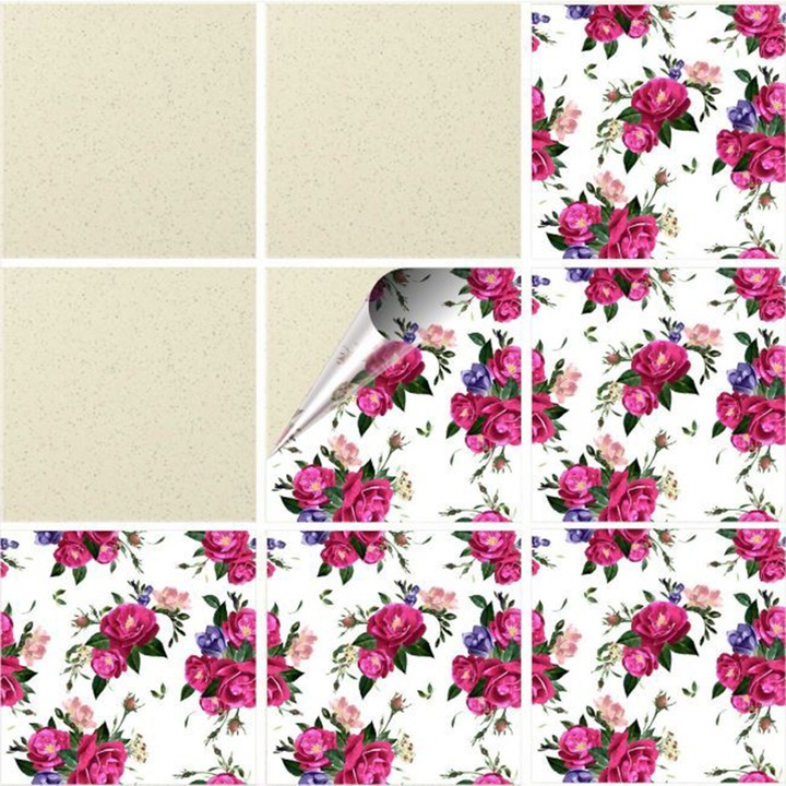 Set 100 Stickere decorative autoadezive pentru faianta sau perete, Model Wedding Bouquet, Dimensiuni 30 cm x 30 cm, Rezistente la uzura si apa, 9 m2