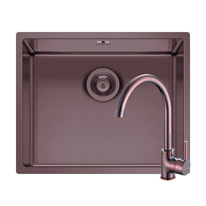 Set chiuveta inox Pyramis ASTRIS COLORA si baterie ECO BELLO, 1 cuva, dimensiune 50x40cm, adancime 20cm, montare sub blat, baterie pipa inalta, finisaj PVD cupru