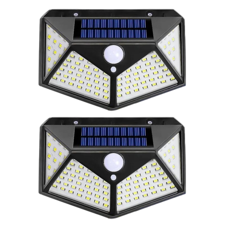 Set 2 Lampi Solare cu Panou si Acumulator Calitate cu 100 Led / Lumina Alba si 270 Grade Raza Senzor de Miscare