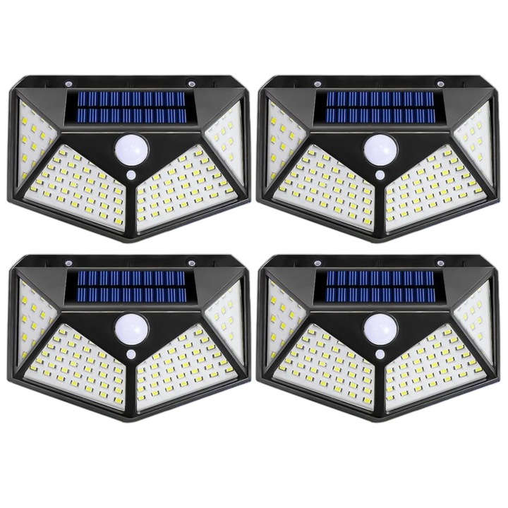 Set 4 Lampi Solare cu Panou si Acumulator Calitate cu 100 Led / Lumina Alba si 270 Grade Raza Senzor de Miscare