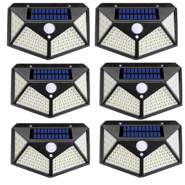 Set 6 Lampi Solare cu Panou si Acumulator Calitate cu 100 Led / Lumina Alba si 270 Grade Raza Senzor de Miscare