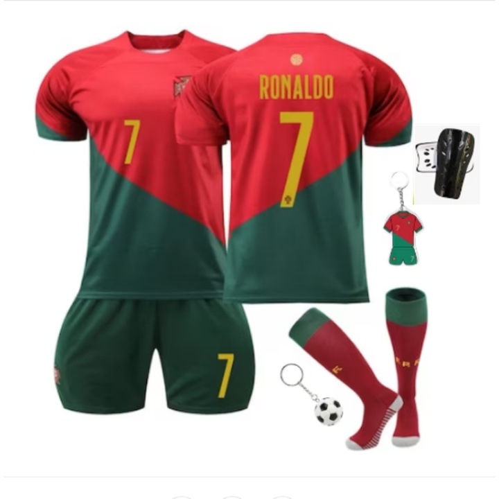 Детска спортна екипировка, ANUTETOUNI®, футболна фланелка Ronaldo Portugal No.7, сезон 2022/2023, безплатен ключодържател, комплект от 6 части, полиестер, Червен