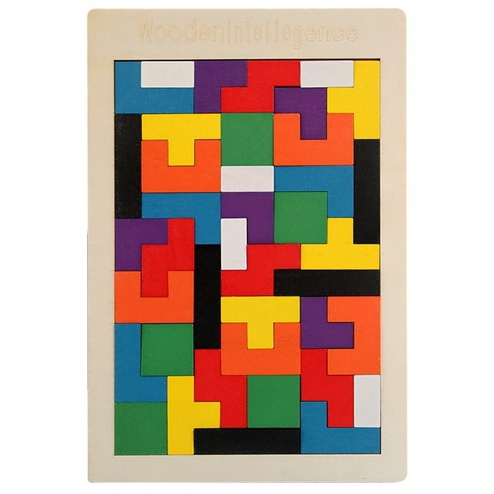 Puzzle Montessori, din Lemn, Tip Tetris, Forme Neregulate, 40 Piese, Multicolor