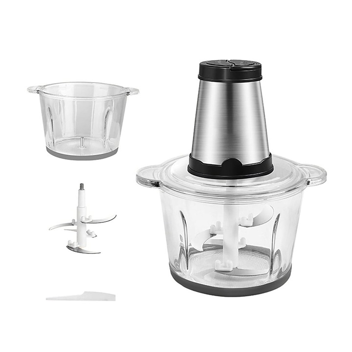 Чопър за храна, 2 скорости, 4 остриета от неръждаема стомана, 500 W, удебелена стъклена купа, неплъзгаща се основа, 2L, бял