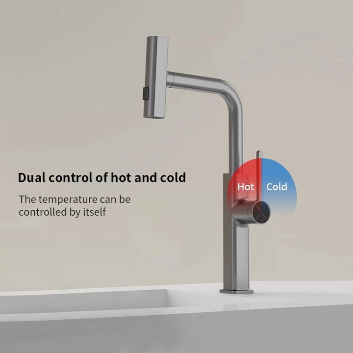 Смесител за кухня Premium, Weluvfit, Q370, водопаден поток, струя или спрей, изтеглящ се душ, модерен външен вид, сив