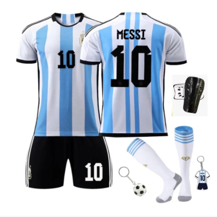 Echipament sportiv copii, ANUTETOUNI®, Argentina Messi Fotbal Tricou Set#10, Poliester, Alb/albastru