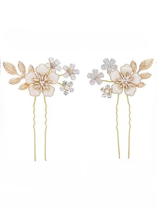 2 db virágos hajcsat készlet, Handcess, levelekkel és kristályokkal, fehér és arany