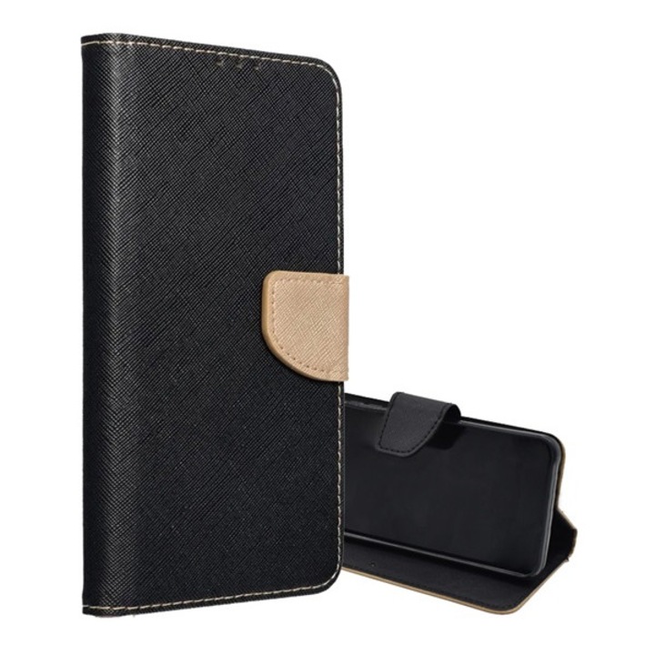 Gigapack mobiltelefon tok álló, bőr hatású, flip, oldalra nyíló, asztali tartó, kártyazseb, textil hatás, fekete/arany, kompatibilis: Samsung Galaxy A15 5G, SM-A156, / Galaxy A15 4G, SM-A155
