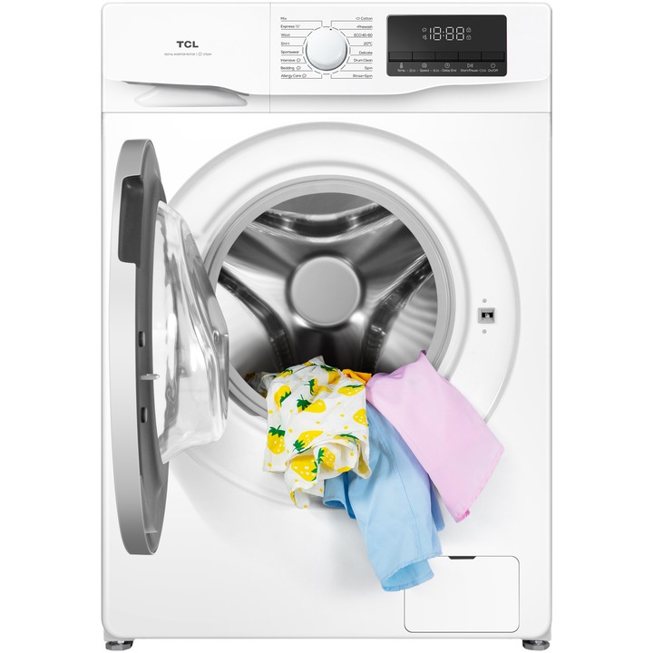 Masina de spalat rufe TCL FF0714WA1, 7 kg, 1400 RPM, Clasa A, BLDC Inverter Motor, Steam Wash, Drum Clean, 24 Hour Delay, Honeycomb Drum, Quick Wash 18 min, Add Garment, 16 Programe, Alb