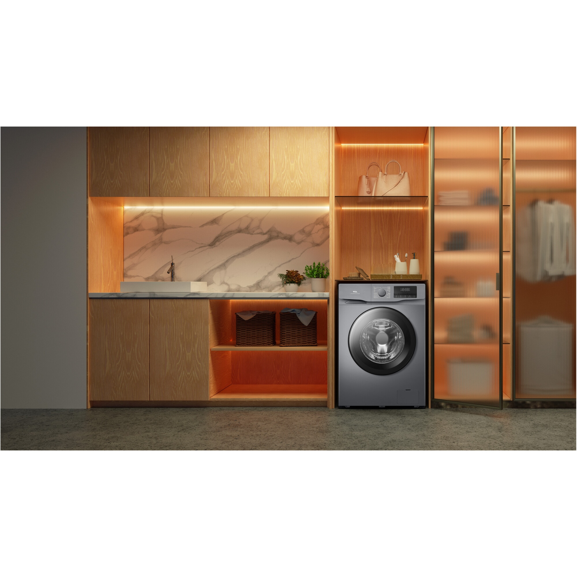 Masina de spalat rufe TCL FF0714SA1, 7 kg, 1400 RPM, Clasa A, BLDC Inverter Motor, Steam Wash, Drum Clean, 24 Hour Delay, Honeycomb Drum, Quick Wash 18 min, Add Garment, 16 Programe, Argintiu