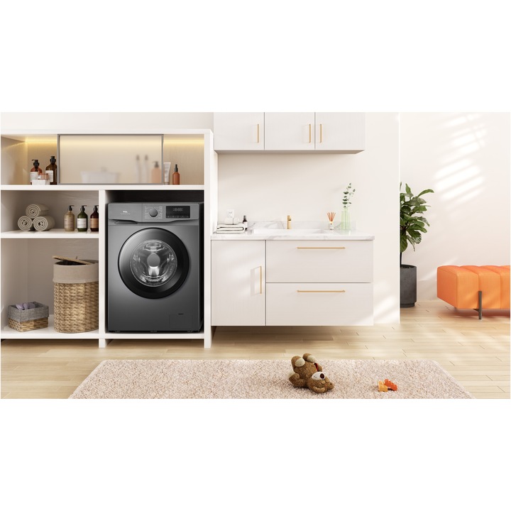 Masina de spalat rufe TCL FF0714SA1, 7 kg, 1400 RPM, Clasa A, BLDC Inverter Motor, Steam Wash, Drum Clean, 24 Hour Delay, Honeycomb Drum, Quick Wash 18 min, Add Garment, 16 Programe, Argintiu