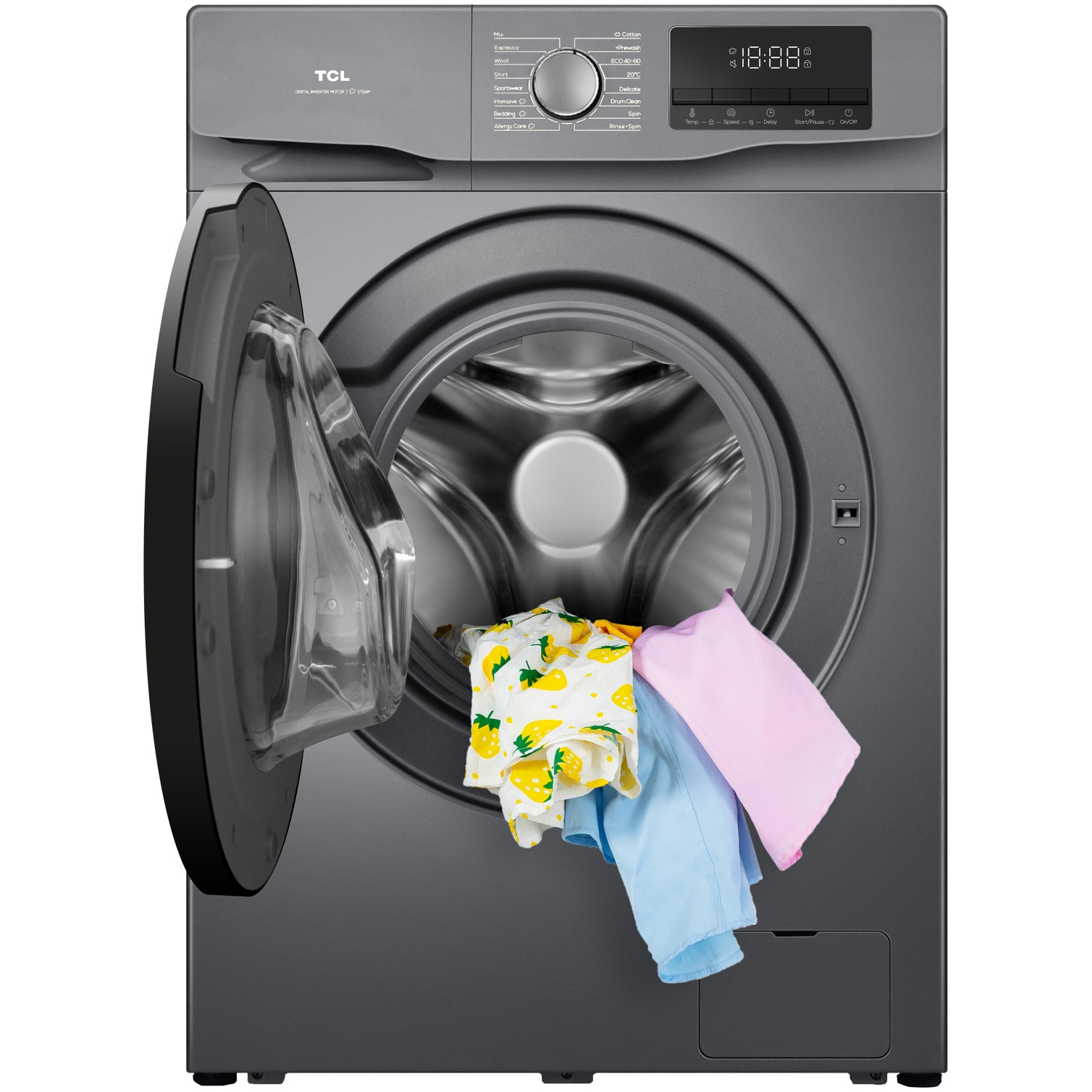 Masina de spalat rufe TCL FF1014SA1, 10 kg, 1400 RPM, Clasa A, Motor Inverter, Steam Wash, Drum Clean, Honeycomb Drum, Argintiu
