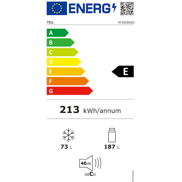 Combina frigorifica TCL RF260BSE0, 260 l, Sertar Crisper, Rafturi ajustabile, Usa reversibila, Iluminare LED, Clasa E, H 182 cm, Gri Quartz