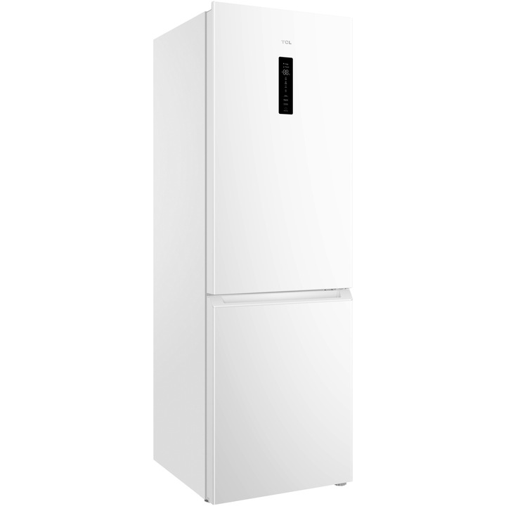 Combina frigorifica TCL RP318BWE3, 318 l, Total No Frost, Compresor Inverter, Display Touch Control, Multi-air flow, Power Cool, Sertar Crisper, Rafturi ajustabile, Usa reversibila, Iluminare LED, Clasa E, H 185 cm, Alb