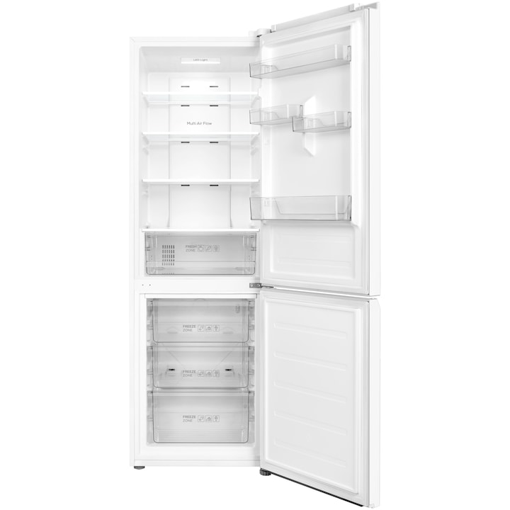 Combina frigorifica TCL RP318BWE3, 318 l, Total No Frost, Compresor Inverter, Display Touch Control, Multi-air flow, Power Cool, Sertar Crisper, Rafturi ajustabile, Usa reversibila, Iluminare LED, Clasa E, H 185 cm, Alb