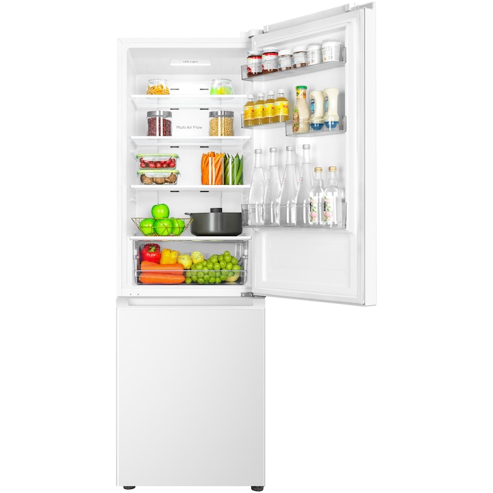 Combina frigorifica TCL RP318BWE3, 318 l, Total No Frost, Compresor Inverter, Display Touch Control, Multi-air flow, Power Cool, Sertar Crisper, Rafturi ajustabile, Usa reversibila, Iluminare LED, Clasa E, H 185 cm, Alb