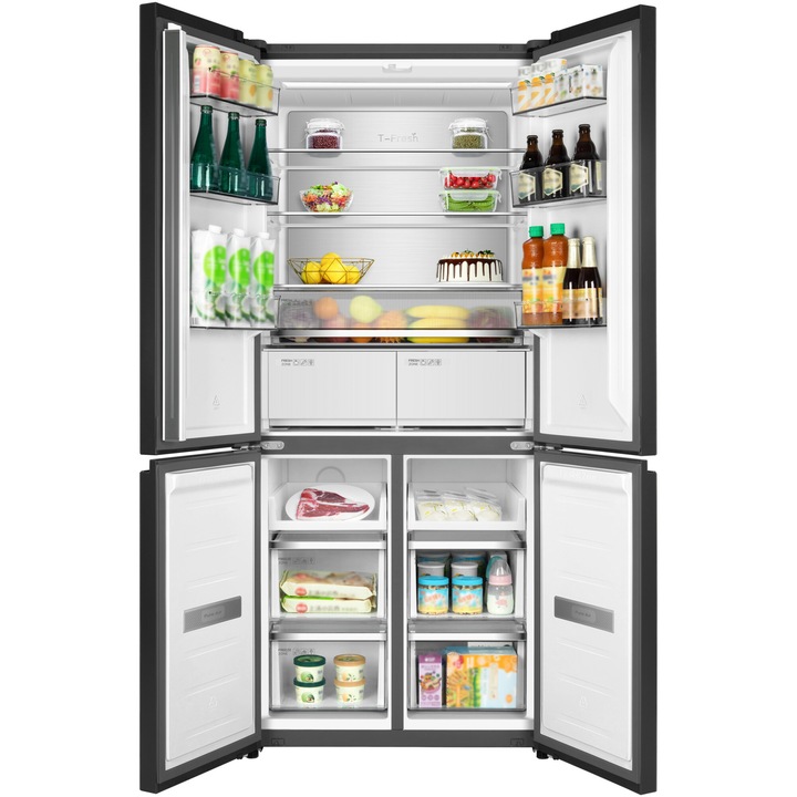 Side by Side TCL RC456CXE0, 456 l, FREE BUILT-IN, Total No Frost, Compresor Inverter, Touch Control Digital Display, Metal Cooling, T-Fresh, Multi Air-Flow, Pure Air, Zona Convertibila (5-20 °C), Sertar T-Temp, AI Radar, Clasa E, H 190 cm, Galaxy Inox