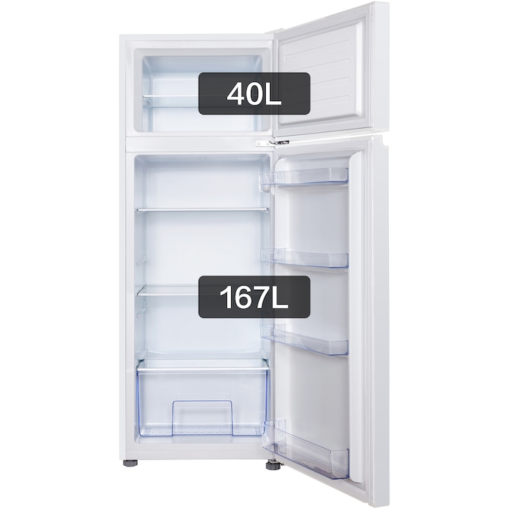 Frigider cu doua usi TCL RF207TWE1, 207 l, Sertar Crisper, Rafturi ajustabile, Iluminare LED, Clasa E, H 144 cm, Alb