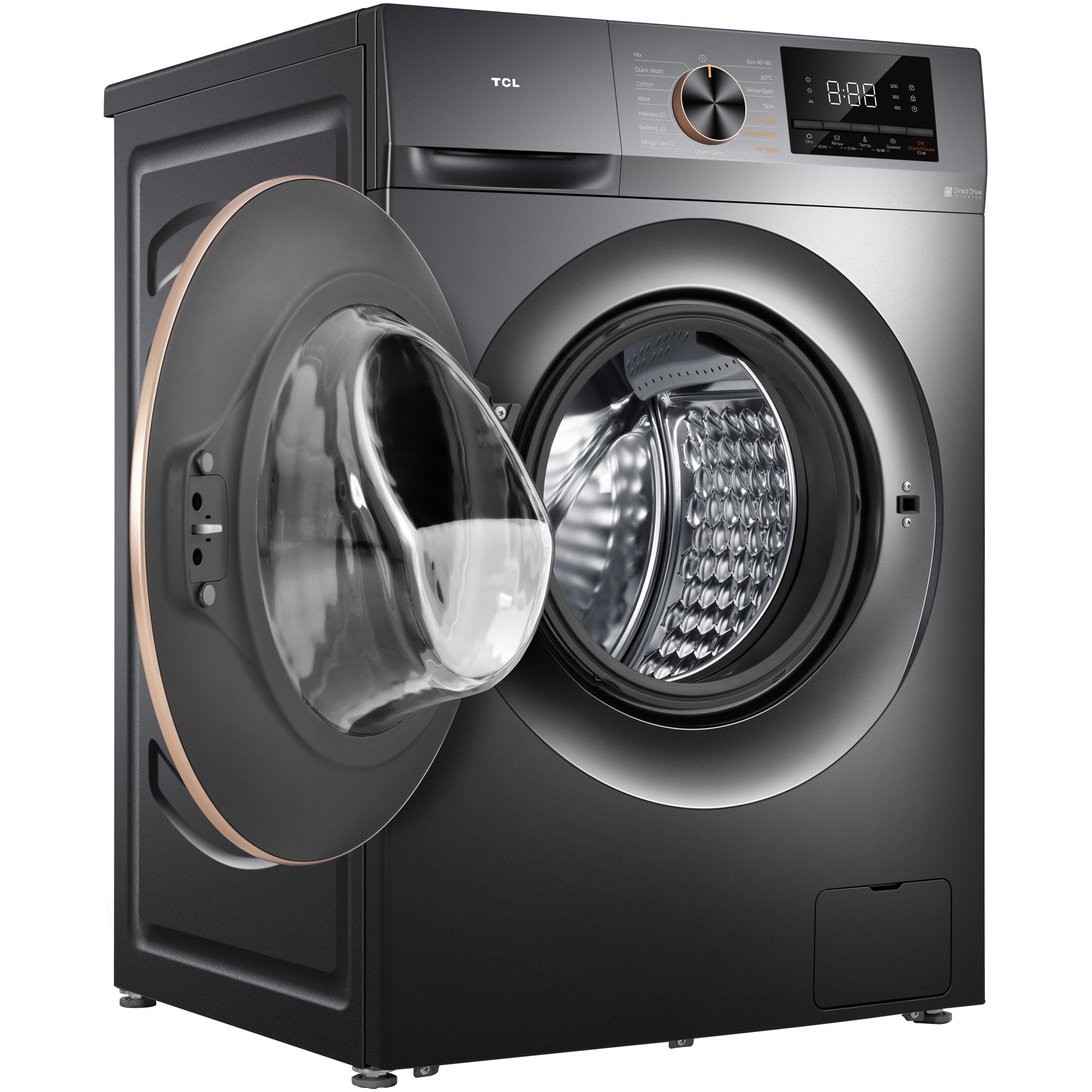 Masina de spalat rufe cu uscator TCL CP1012SA0, 10 kg Spalare / 6 kg Uscare, 1200 RPM, Clasa A, Motor Direct Drive, Display LED, Steam Wash, Drum Clean, Honeycomb Drum, Gri Inchis