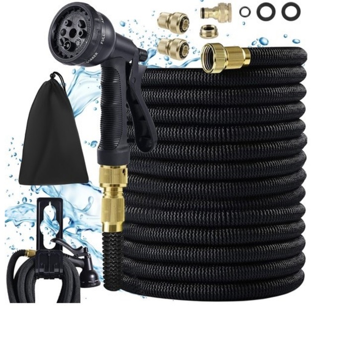 Furtun de gradina extensibil 5-15 m, Welora®, Pistol de stropit cu 8 tipuri de pulverizare, Anti rasucire/Presiune Reglabila/Functie de blocare, Conectori 1/2" si 3/4, Husa+Accesorii, Calitate Premium, Negru